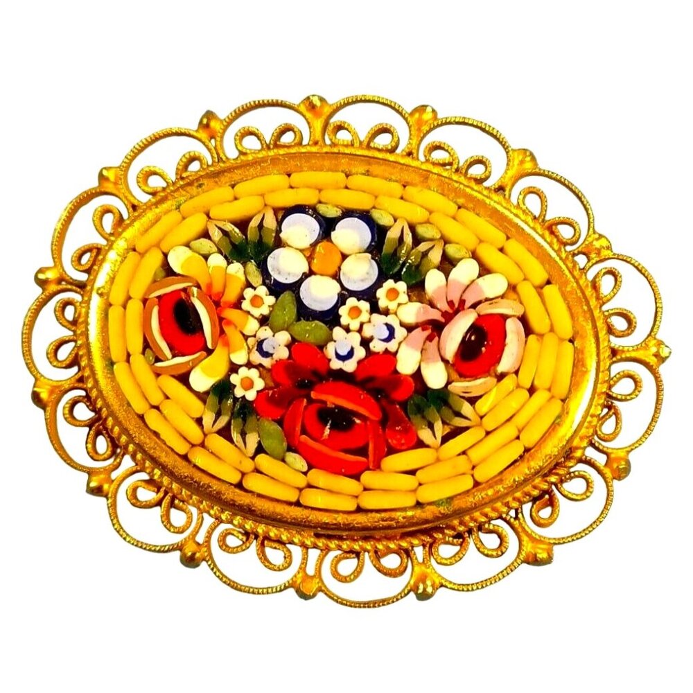 Vtg 1960s Gold Tone Oval Micro Mosaic Brooch Pin Millefiori Floral Marke…